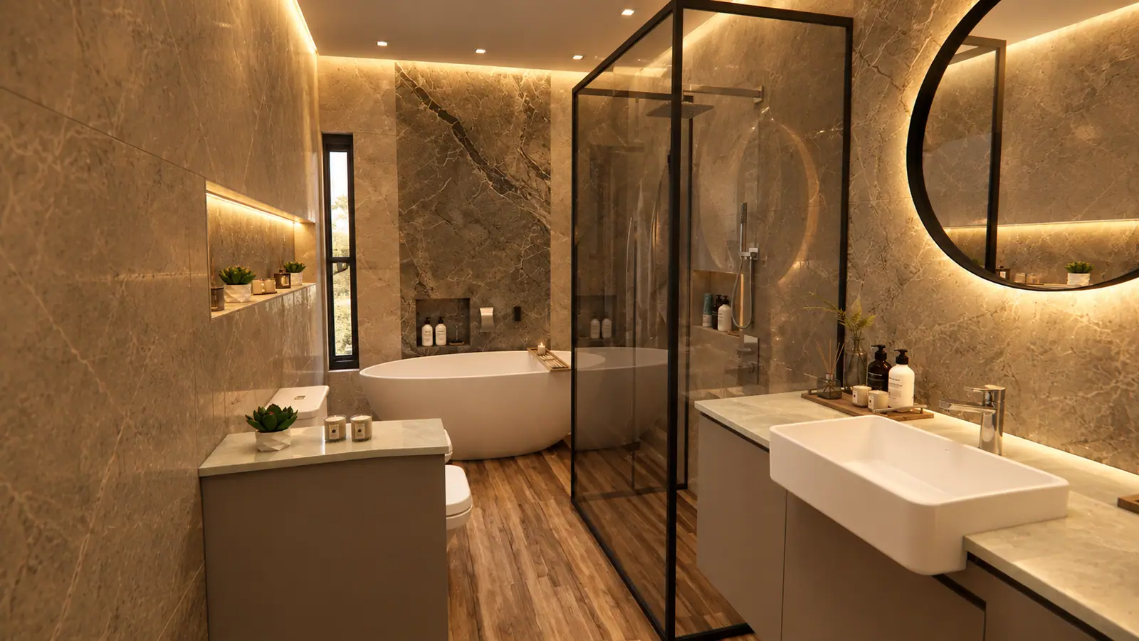 Baño en mármol con luz cálida