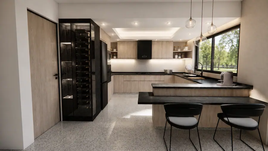 Cocina en madera clara con mesada oscura y vinera