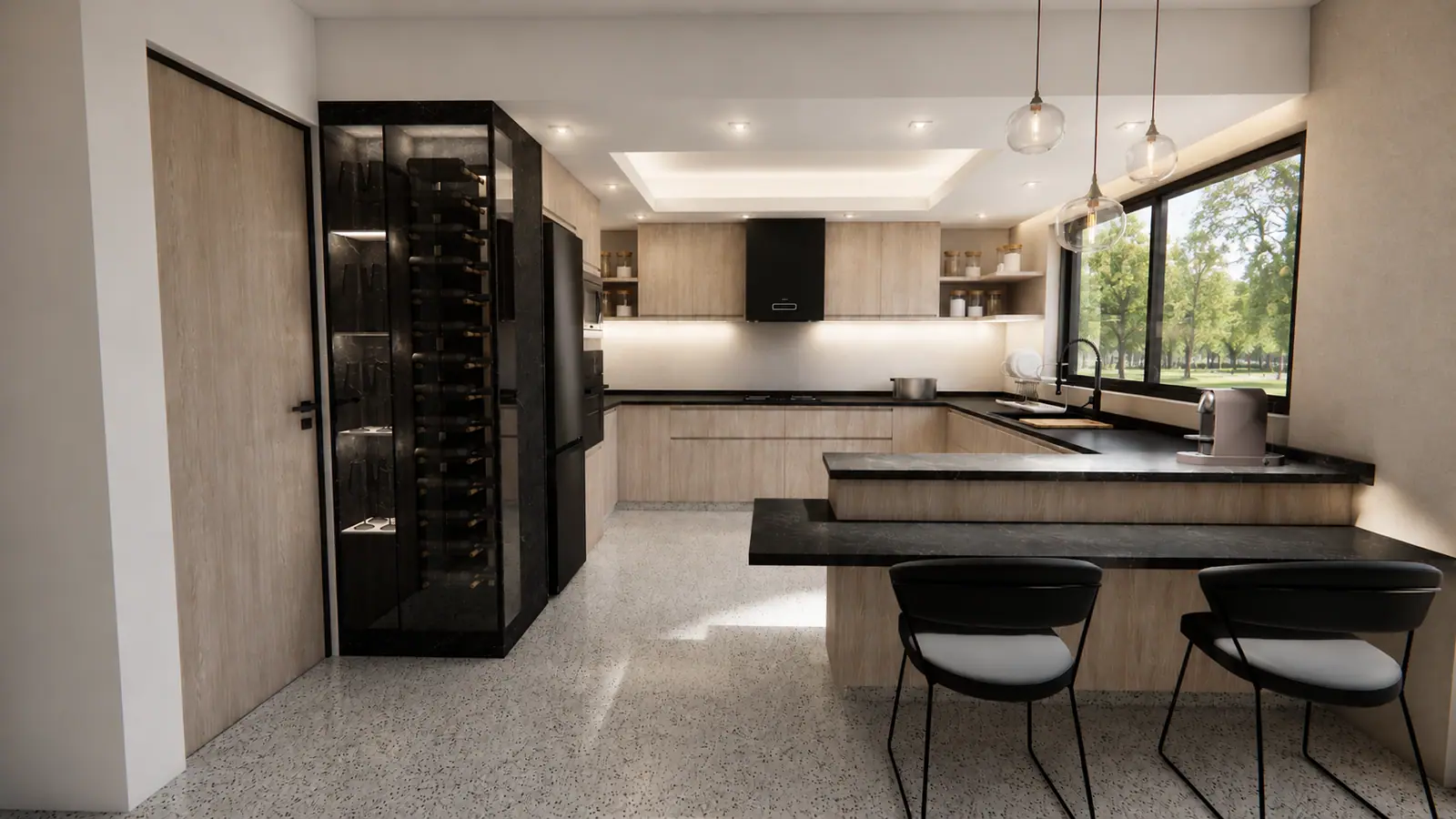 Cocina nueva en madera clara y piedra oscura