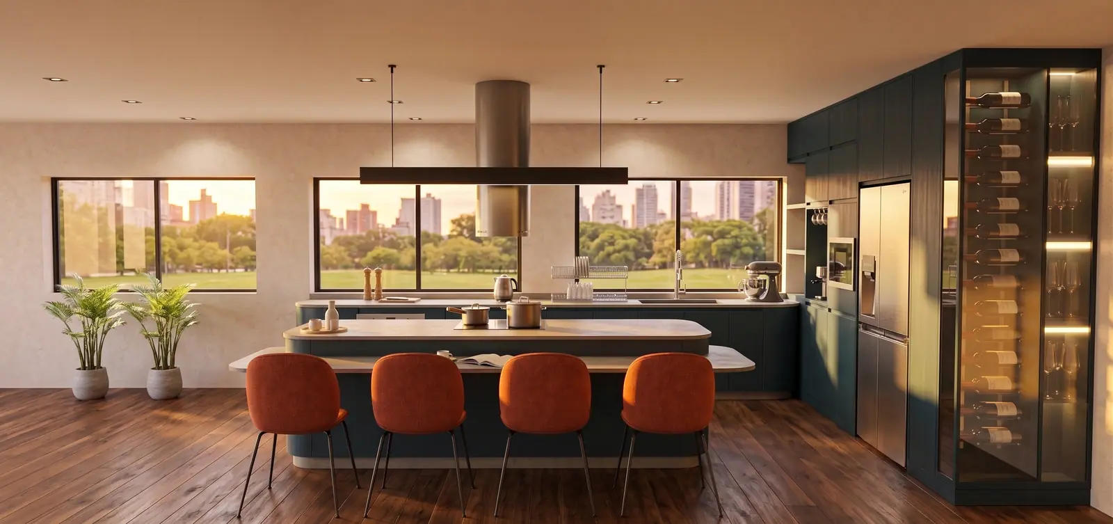 Cocina loft terminada, con isla, madera y luz de tarde